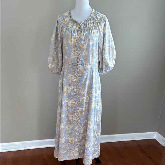 Rebecca Taylor Maxi Floral Print A-Line Scoop Neck Puff Short Sleeve Dress Sz L - Picture 4 of 15